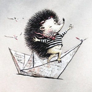 Carte de voeux hérisson, cartes avec enveloppes, hérisson voyageur, carte d'anniversaire amusante, cartes d'animaux mignons, oeuvre d'art de bateau en papier, cartes pour enfants