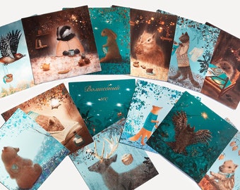 May include: A collection of illustrated art prints featuring woodland animals in cozy settings. The prints showcase a variety of animals, including a bird, badger, squirrel, fox, and owl, each in a unique scene with warm colors and detailed artwork.