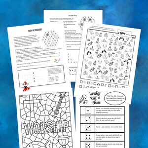 Può includere: Una raccolta di fogli di attività stampabili in bianco e nero intitolati Ways We Worship. Le pagine includono un puzzle di parole a nido d'ape, un gioco I Spy con icone religiose, un gioco di dadi Worship Roll and Share e una pagina da colorare.