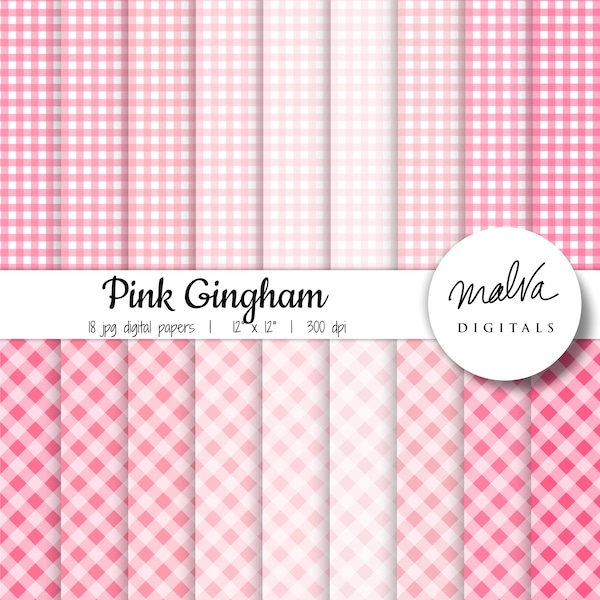 Pink Gingham digital paper pack, shades of pink plaid digital background, printable gingham digital scrapbook paper, pretty girly gingham