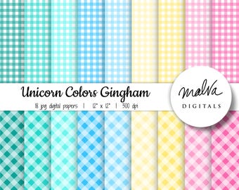 Colorful Gingham digital paper pack, easter gingham digital background, printable plaid digital scrapbook paper, pastel unicorn gingham