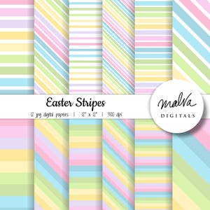 Puede incluir: Doce papeles digitales con rayas pastel en rosa, azul, amarillo y verde. Los papeles miden 30,5 cm x 30,5 cm y 300 dpi. El texto "Easter Stripes" y "malva DIGITALS" est&aacute; incluido en la imagen.