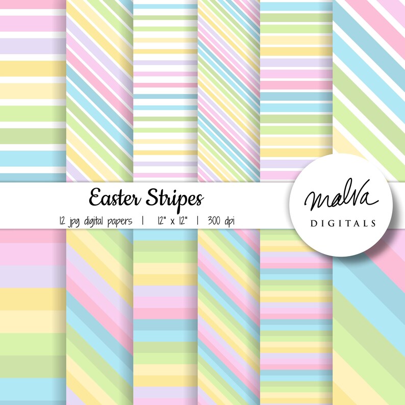 Puede incluir: Doce papeles digitales con rayas pastel en rosa, azul, amarillo y verde. Los papeles miden 30,5 cm x 30,5 cm y 300 dpi. El texto "Easter Stripes" y "malva DIGITALS" est&aacute; incluido en la imagen.
