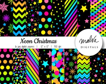 Neon Christmas digital paper pack, bright colors black background, rainbow snowflakes digital background, 90s colorful papers, 80s patterns