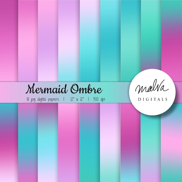 Mermaid Colors Ombre digital paper pack, gradient digital background, bright purple and teal digital scrapbook paper, neon ombre backdrop