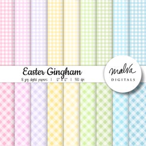 Puede incluir: 18 papeles digitales con un patr&oacute;n de cuadros vichy en colores pastel, incluyendo rosa, lavanda, amarillo, verde y azul. Los papeles miden 30,5 cm por 30,5 cm y 300 dpi. "Easter Gingham" y "malva DIGITALS" est&aacute;n escritos en la imagen.