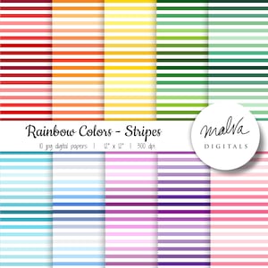 Puede incluir: Diez papeles digitales con rayas de colores arcoíris. Cada papel mide 30,5 cm por 30,5 cm y 300 dpi. El texto "Rainbow Colors - Stripes" y "10 jpg digital papers | 12" x 12" | 300 dpi" está en la parte inferior de la imagen. El texto "malva DIGITALS" está en un círculo en la parte superior derecha de la imagen.