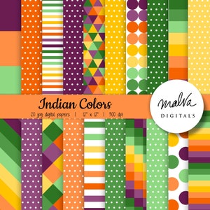 Indian colors digital paper pack, traditional indian color palette, digital geometric patterns, festive colors, green purple orange yellow