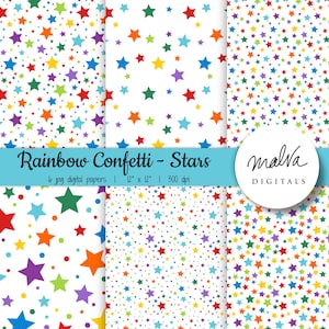 Konfetti Sterne digitales Papierpaket, buntes Regenbogen Konfetti, Regenbogenpapier, Geburtstagsparty, Sterne, Punkte, druckbares Scrapbook, Hintergrund