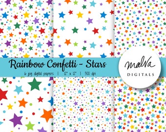 Confetti Stars digital paper pack, colorful rainbow confetti, rainbow paper, birthday party, stars, dots, printable scrapbook, background
