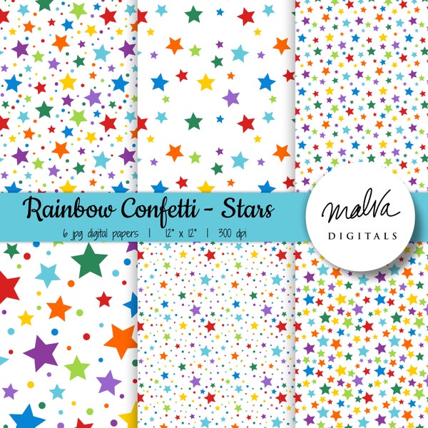 Confetti Stars digital paper pack, colorful rainbow confetti, rainbow paper, birthday party, stars, dots, printable scrapbook, background