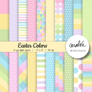 Puede incluir: Un conjunto de 20 papeles digitales en colores pastel con varios patrones, incluyendo rayas, lunares, formas geom&eacute;tricas y dise&ntilde;os a cuadros. Los papeles son de 30,5 cm por 30,5 cm y 300 dpi. El texto "Easter Colors" se muestra en una pancarta amarilla.