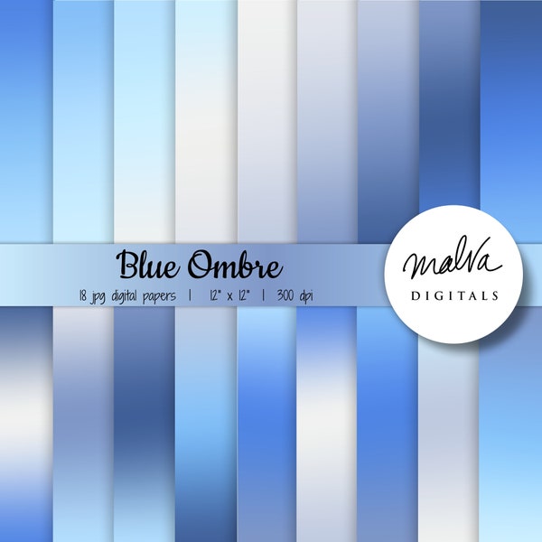 Blue ombre digital paper pack, shades of blue digital background, blue gradient backdrop, baby boy digital papers, dark light blue wallpaper