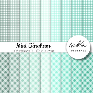Puede incluir: Un conjunto de 18 papeles digitales con un patrón de cuadros vichy verde menta. Los papeles miden 30,5 cm por 30,5 cm y 300 dpi.
