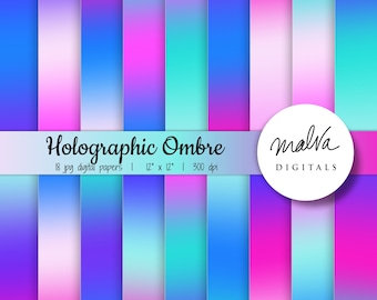 Holographic Gradient digital paper pack, digital background, neon ombre paper, bright colors, ombre background, purple blue turquoise ombre