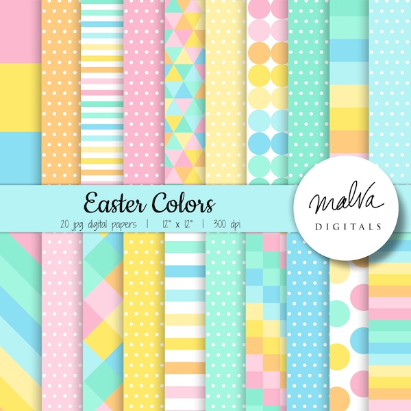 Happy Easter Colors digital paper pack, spring digital scrapbook paper, pretty pastel spring colors, printable papers, spring stripes dots