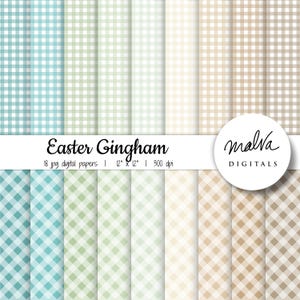 May include: 18 digital papers featuring a variety of pastel gingham patterns in blue, green, and brown. The patterns are 12 inches by 12 inches and 300 dpi. The text "Easter Gingham" and "malva DIGITALS" is included in the image.