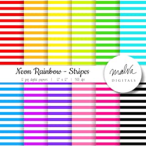 Puede incluir: Doce papeles digitales con rayas de colores neón arcoíris sobre un fondo blanco. Los papeles miden 30,5 cm por 30,5 cm y tienen una resolución de 300 dpi. El texto "Neon Rainbow - Stripes" y "malva DIGITALS" está incluido en la imagen.