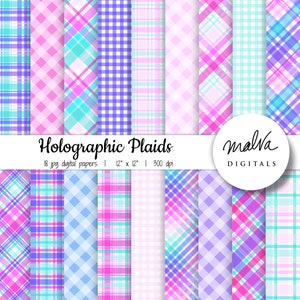 Holographic plaids digital paper pack, bright neon plaids background, holo gingham, neon purple pink turquoise printable papers, download