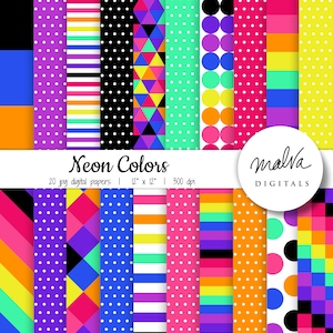 Neon Colors digital paper pack, bright colors with black, digital background, rainbow paper, 90s colorful papers, instant download backdrop