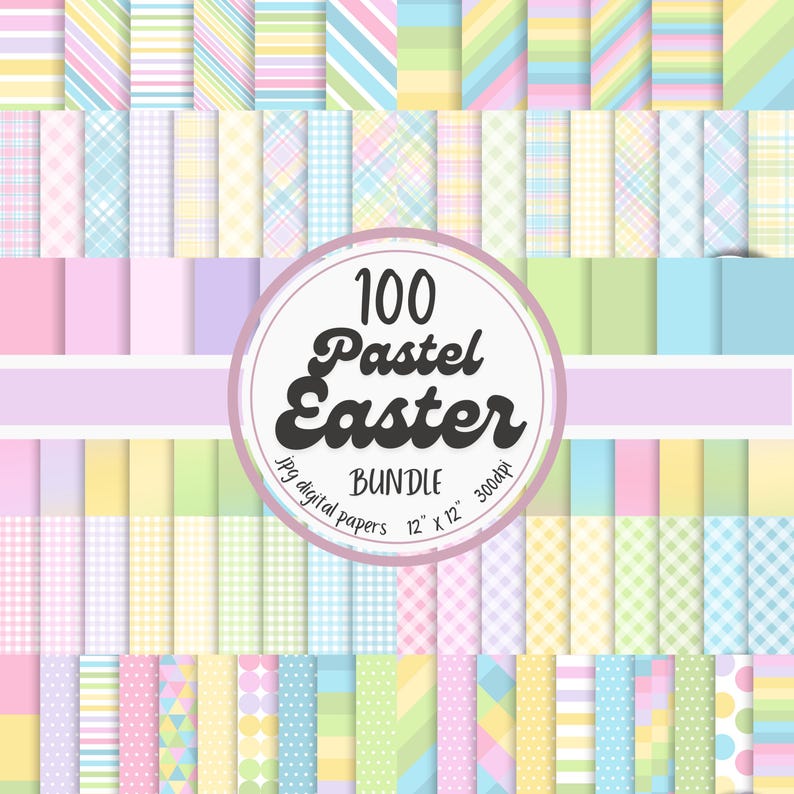 Puede incluir: Un paquete de papel digital con 100 patrones de Pascua pastel. Los patrones incluyen rayas, cuadros, lunares y dise&ntilde;os geom&eacute;tricos en tonos de rosa, azul, amarillo y verde. El paquete incluye papeles digitales JPG de 30,5 cm x 30,5 cm a 300 dpi.