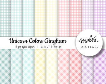 Unicorn Gingham digital paper pack, easter gingham digital background, printable plaid digital scrapbook paper, pastel unicorn gingham