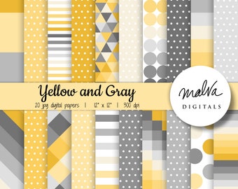 Digitales Papierpaket gelb und grau, graue Farbtöne, geometrische Muster, Streifen, Quadrate, Polka Dots, digitaler Hintergrund, modern