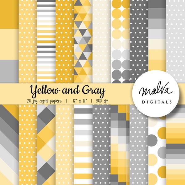 Yellow and Gray digital paper pack, yellow shades, gray shades, geometric patterns, stripes, squares, polka dots, digital background, modern