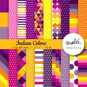 Indian colors digital paper pack, festive indian color palette, digital geometric patterns, happy bright colors, purple yellow orange papers