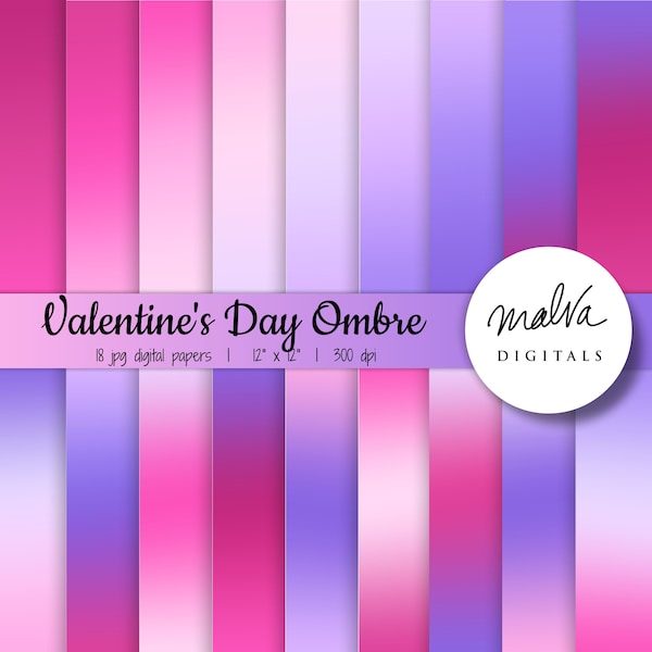 Valentines Day ombre digital paper pack, shades of pink purple digital background, lovely valentines gradient backdrop, love digital papers