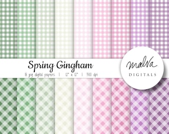 Spring Gingham digital paper pack, Easter gingham digital background, printable gingham digital scrapbook paper, purple and green gingham