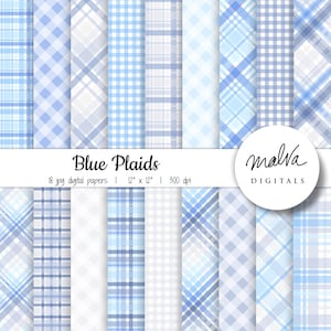 Blue Plaids digital paper pack, shades of blue gingham digital background, printable gingham digital scrapbook paper, instant download paper