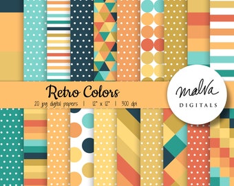 Retro Colors digital paper pack, summer vibes, orange and turquoise geometric pattern scrapbook paper, digital background, instant download