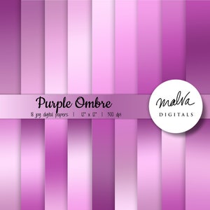 Könnte beinhalten: Ein Set mit 18 digitalen Papieren mit violetten Ombre-Verläufen. Die Papiere sind 30,5 cm x 30,5 cm groß und haben eine Auflösung von 300 dpi. Der Text "Purple Ombre" und "malva DIGITALS" ist im Bild enthalten.