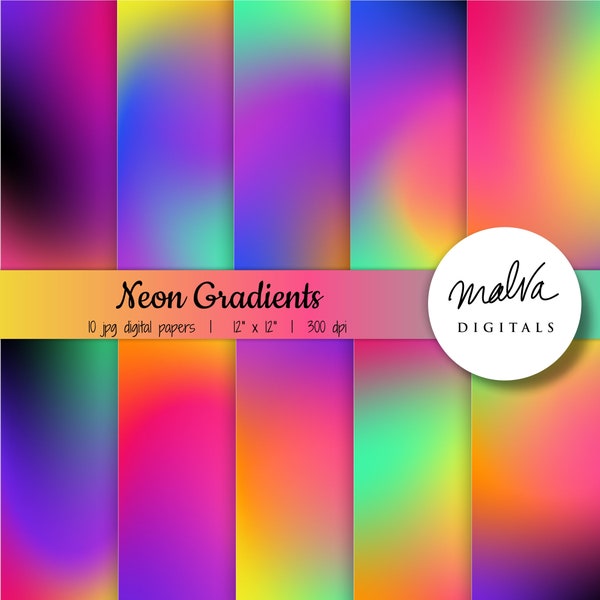 Neon Rainbow Gradient digital paper pack, neon digital background, neon ombre paper, bright colors, ombre background, backdrop, black