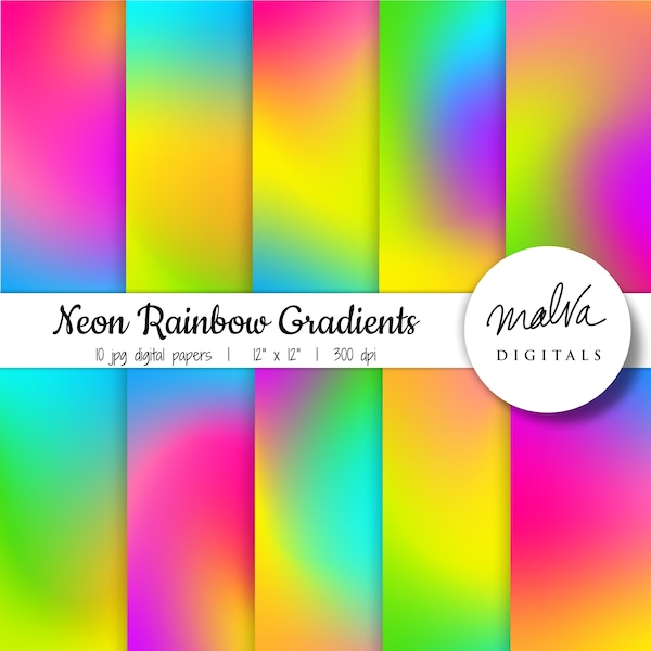 Neon Rainbow Gradient digital paper pack, neon digital background, neon ombre paper, bright colors, ombre background, backdrop, black