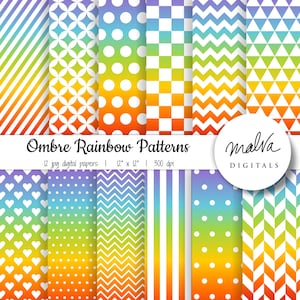 Pakiet papieru cyfrowego Rainbow Ombre, tło cyfrowe z gradientowymi wzorami tęczy, papier do scrapbookingu, papier tęczowy, tło ombre, chevron
