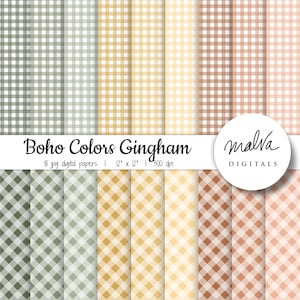 May include: Set of 18 digital papers featuring gingham patterns in various shades of green, yellow, and brown. The papers are 12 inches by 12 inches and 300 dpi. The text "Boho Colors Gingham" and "malva DIGITALS" is included in the image.