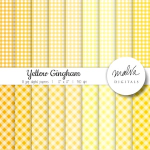 Confezione di carta digitale Gingham gialla, sfumature di sfondo digitale a quadri giallo, carta da scrapbook digitale gingham stampabile, gingham estivo