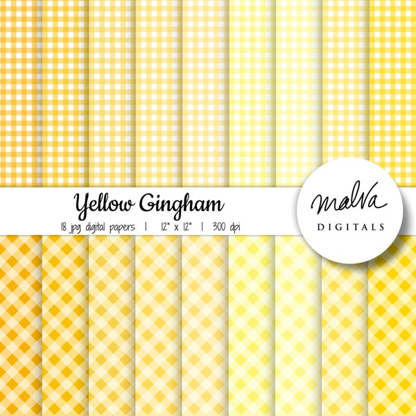 Yellow Gingham digital paper pack, shades of yellow plaid digital background, printable gingham digital scrapbook paper, summer gingham