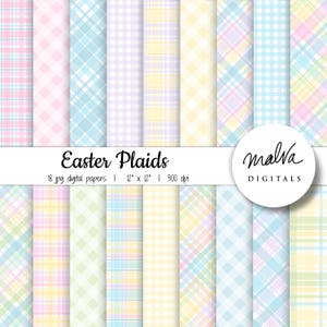 Puede incluir: Conjunto de 18 papeles digitales con patrones de cuadros pastel en rosa, azul, amarillo y verde. Los papeles miden 30,5 cm por 30,5 cm y 300 dpi. "Easter Plaids" y "malva DIGITALS" est&aacute;n escritos en la imagen.
