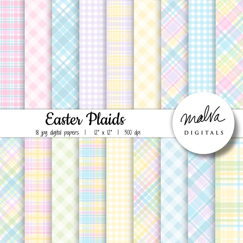 Puede incluir: Conjunto de 18 papeles digitales con patrones de cuadros pastel en rosa, azul, amarillo y verde. Los papeles miden 30,5 cm por 30,5 cm y 300 dpi. "Easter Plaids" y "malva DIGITALS" est&aacute;n escritos en la imagen.