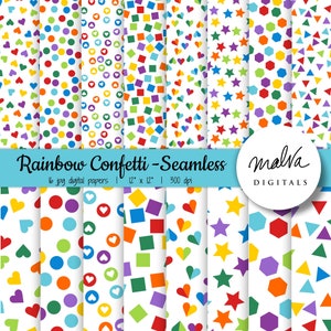 Rainbow Confetti digital paper pack, seamless confetti pattern, colorful rainbow confetti, rainbow paper, printable paper, stars, polka dots