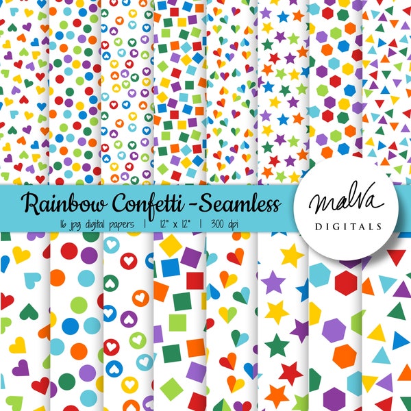 Rainbow Confetti digital paper pack, seamless confetti pattern, colorful rainbow confetti, rainbow paper, printable paper, stars, polka dots