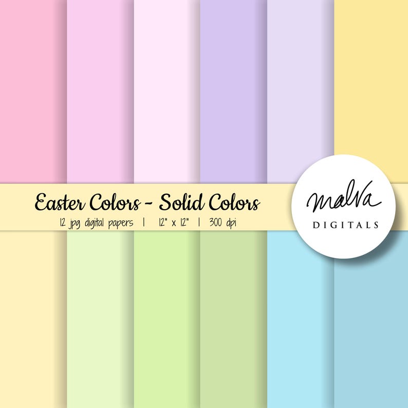 Puede incluir: Doce papeles digitales en colores pastel, incluyendo rosa, lavanda, amarillo, verde y azul. Cada papel mide 30,5 cm por 30,5 cm y 300 dpi. El texto "Easter Colors - Solid Colors" y "malva DIGITALS" est&aacute; incluido en la imagen.