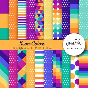 Bright Neon Colors digital paper pack, happy colors, digital background, neon vibes paper, 90s colorful papers, instant download backdrop