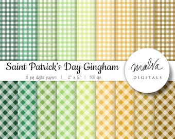 St Patrick's Day Gingham digital paper pack, shades of green gold plaid digital background, printable gingham digital scrapbook paper