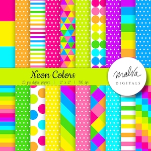 Pacchetto di carta digitale Neon Colors, carta scrapbook dai colori vivaci, sfondo digitale, carta arcobaleno, carte colorate anni '90, download istantaneo