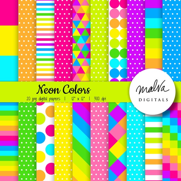 Neon Colors digital paper pack, bright colors scrapbook paper, digital background, rainbow paper, 90s colorful papers, instant download
