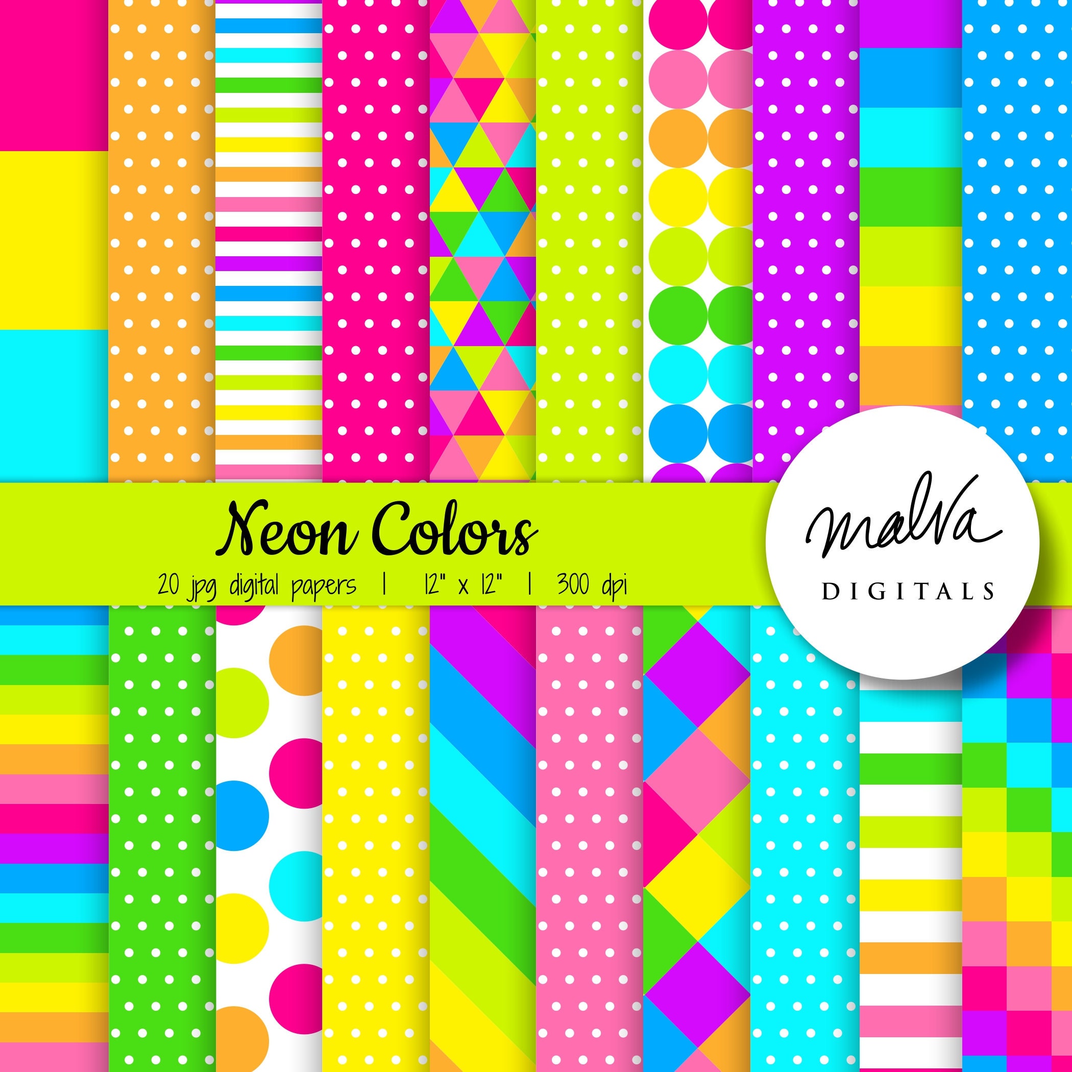 Neon Paper Pack, Neon Digital Paper, Colorful Backgrounds, Neon Party  Decor, Fluoro Scrapbook, Fluorescent Stripes, Printable Stars, Abstrac 